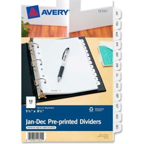 Avery Dennison Avery Preprinted Monthly Tab Divider, Printed Jan to Dec, 5.5"x8.5", 12 Tabs, White/Clear 11315